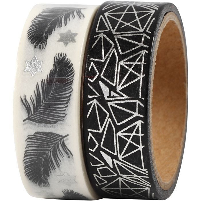 Washi Tape, feather and pattern -foil, W: 15 mm, 2x4 m/ 1 pack