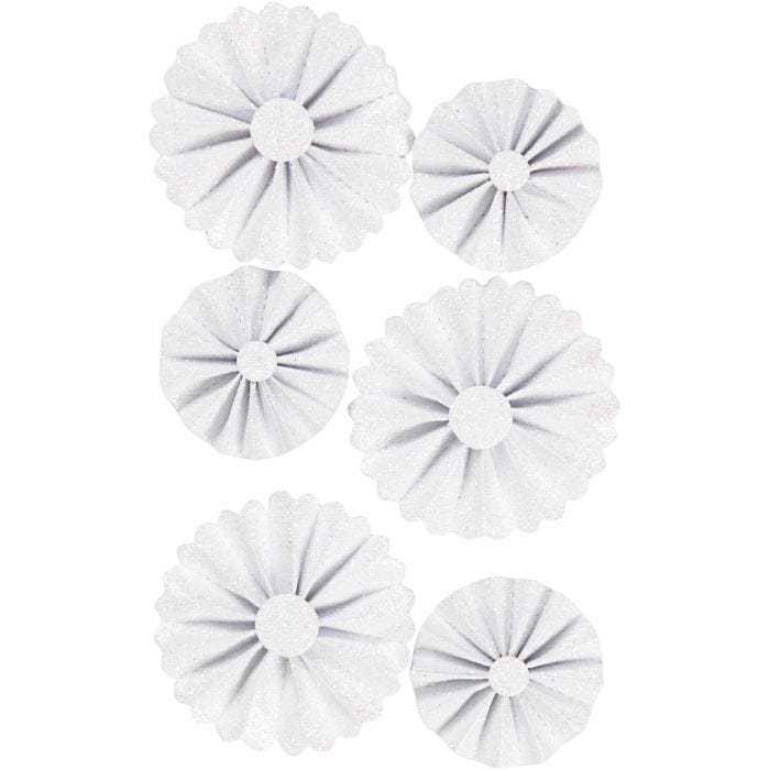 Paper Rosettes, dia. 35+50 mm, white glitter, 6 pc/ 1 pack