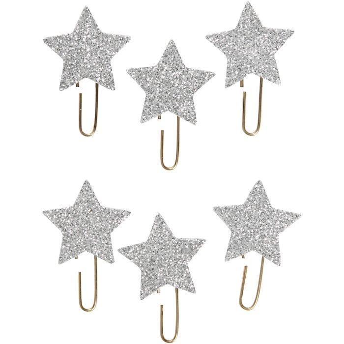 Metal Paperclips, star, dia. 30 mm, glitter silver, 6 pc/ 1 pack