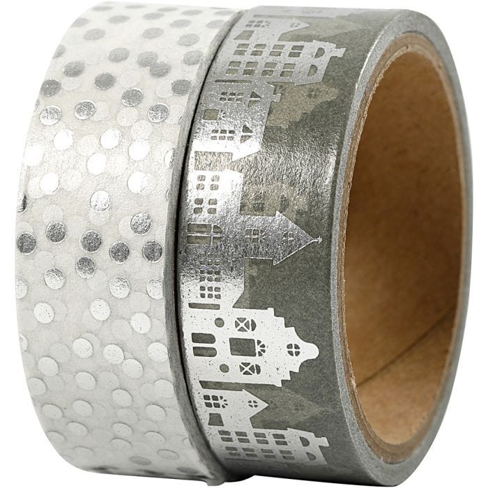 Washi Tape, houses and dots - foil, W: 15 mm, silver, 2x4m/ 1 pack