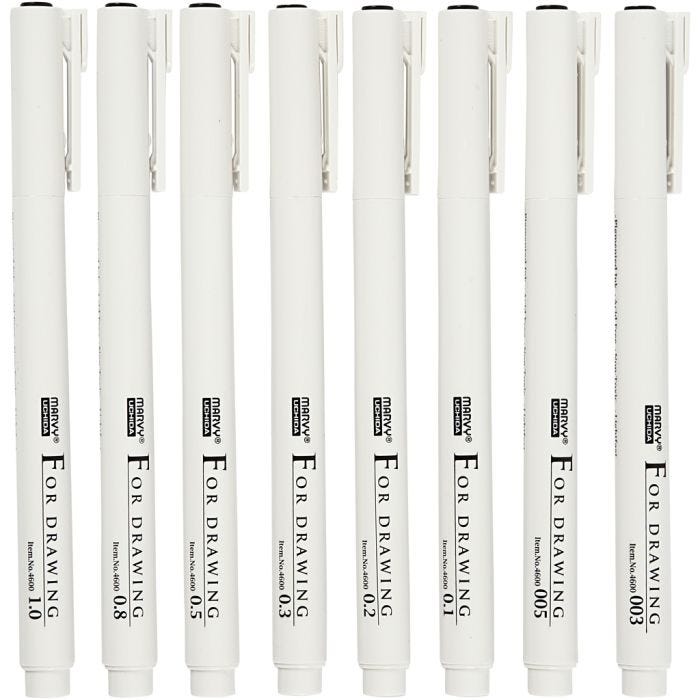 Fine Line Drawing Markers, line 0,03+0,05+0,1+0,2+0,3+0,5+0,8+1,0 mm, black, 8pc/ 1 pack