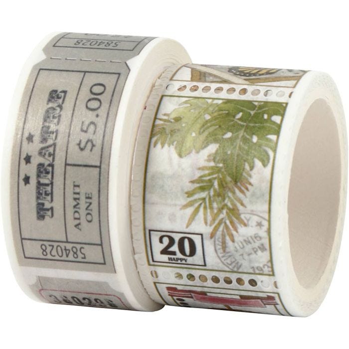 Washi Tape, Ticket and nature motive, L: 3+5 M, W: 20+25 mm, 2 roll/ 1 pack
