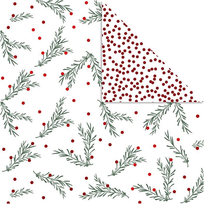 Design Paper, spruce branch and dots, sheet 30,5x30,5 cm, 180 g, gold, green, red, white, 3 sheet/ 1 pack