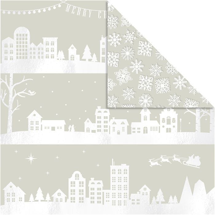 Designpaper, houses and snowflake, sheet 30,5x30,5 cm, 180 g, 3sheet/ 1 pack