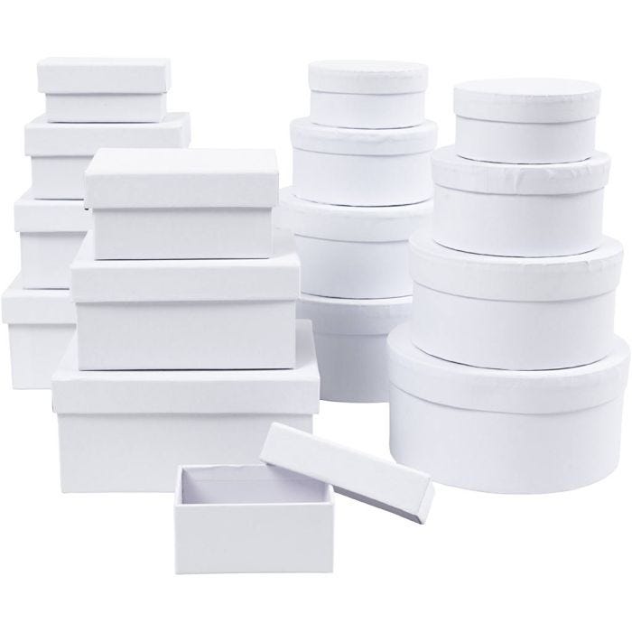 Boxes, H: 3,5+4,5+5,5+6,5 cm, size 8,5x11,5+11x14 cm, Content may vary , white, 16 pc/ 1 pack