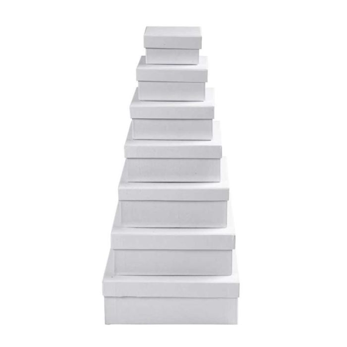 Square Boxes, H: 4,5+5+5,5+6+6,5+7+7,5 cm, size 9+11+13+15+17+19+21 cm, white, 7pc/ 1 set