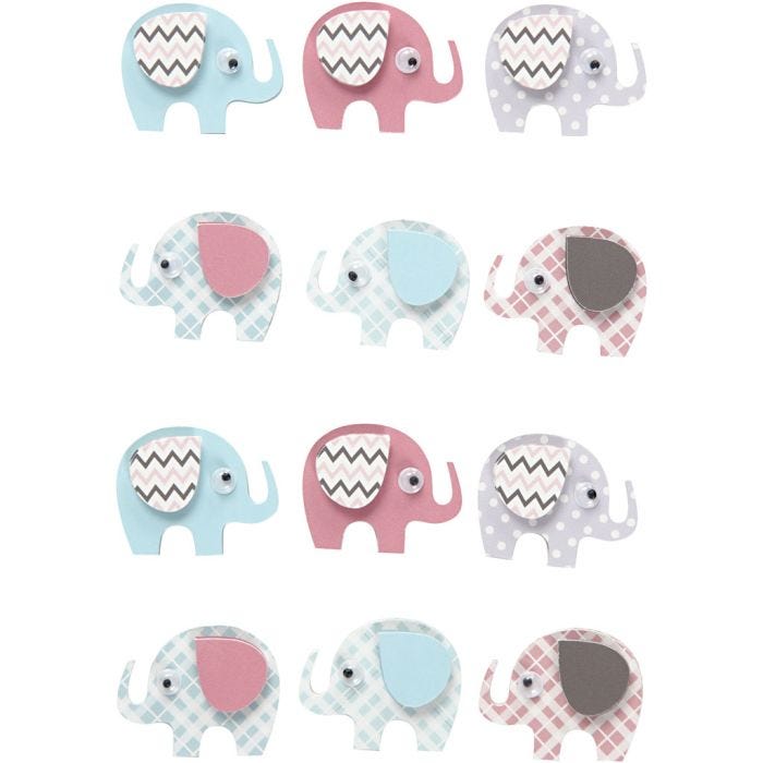 3D Stickers, elephants, H: 25 mm, W: 31 mm, thickness 7 mm, 12 pc/ 1 pack