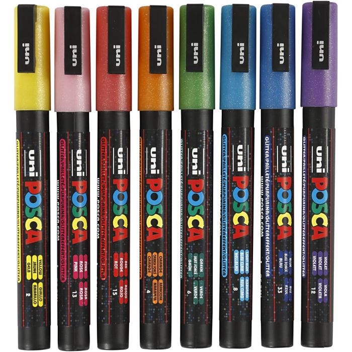 Posca Marker, no. PC-3ML, line 0,9-1,3 mm, glitter colours, 8 pc/ 1 pack