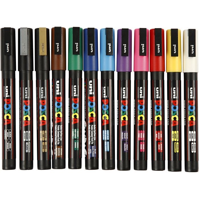 Posca Marker, no. PC-3M, line 0,9-1,3 mm, fine, assorted colours, 12 pc/ 1 pack