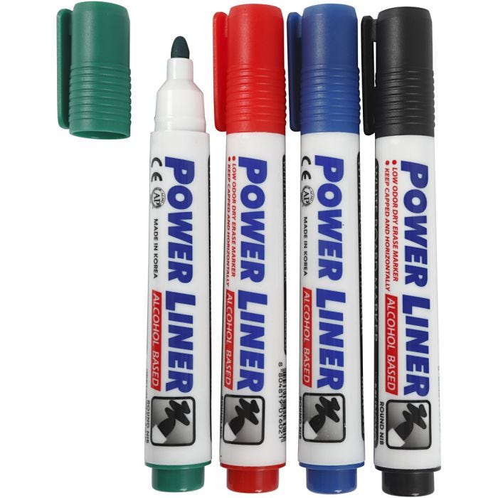 Whiteboard Markers, line 4 mm, black, blue, green, red, 4 pc/ 1 pack