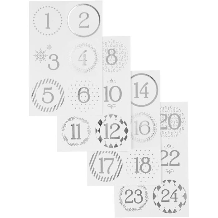 Christmas calendar number stickers, dia. 40 mm, sheet 9x14 cm, silver, white, 4sheet/ 1 pack