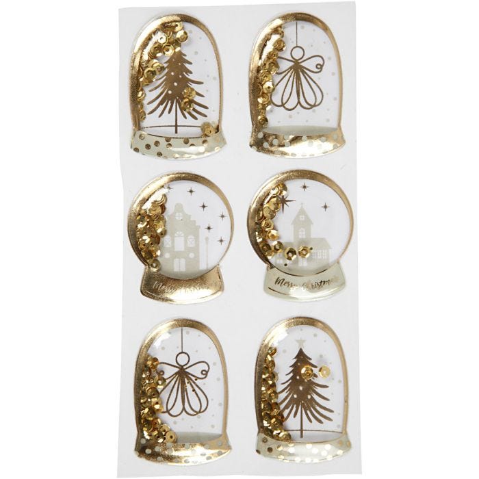 Shaker stickers, angel, tree and houses, size 49x32+45x36 mm, gold, 6pc/ 1 pack