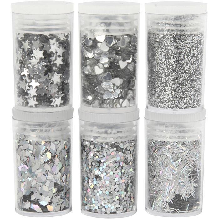 Biodegradable Sparkles & Sequins, silver, 6x7 ml/ 1 pack