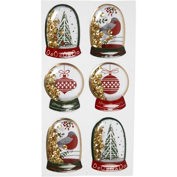Shaker stickers, bird, tree and christmas balls, size 49x32+45x36 mm, gold, 6 pc/ 1 pack