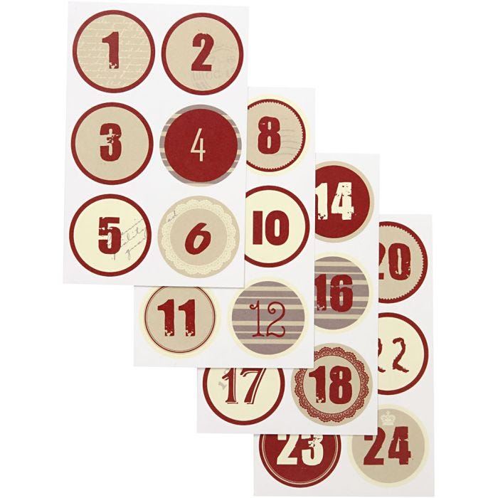 Christmas calendar number stickers, dia. 4 cm, sheet 9x14 cm, 4 ass sheets/ 1 pack
