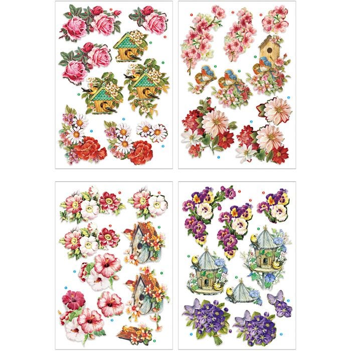 3D Decoupage Motifs, flowers and birds, sheet 21x30 cm, 4 sheet/ 1 pack