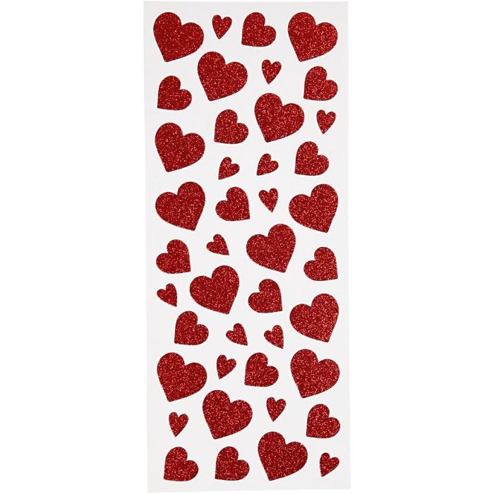Glitter Stickers, hearts, sheet 10x24 cm, red, 2 sheet/ 1 pack