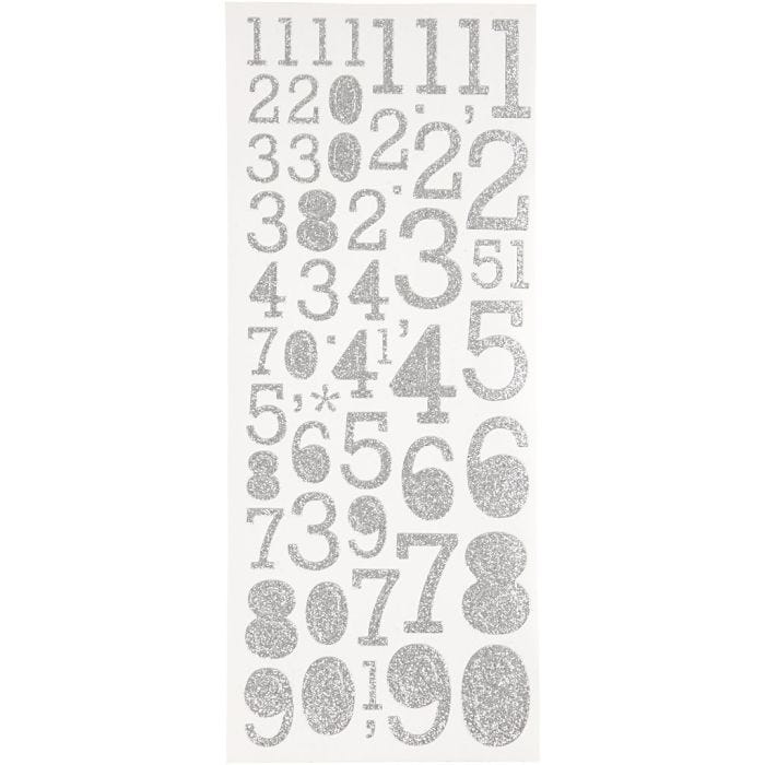 Glitter Stickers, numbers, sheet 10x24 cm, silver, 2 sheet/ 1 pack