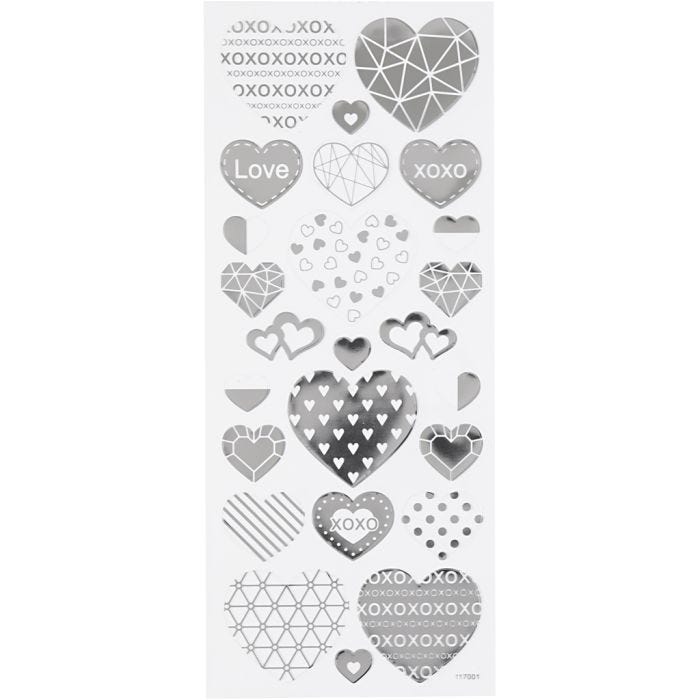 Stickers, hearts, sheet 10x24 cm, silver, 1 sheet