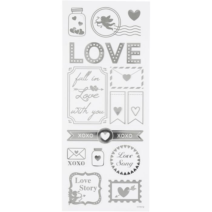 Stickers, love, sheet 10x24 cm, silver, 1 sheet