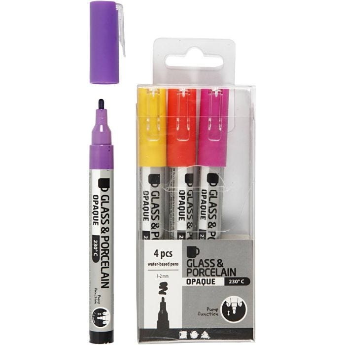 Glass &amp; Porcelain Marker, line 1-2 mm, semi opaque, orange, purple, light red, yellow, 4 pc/ 1 pack