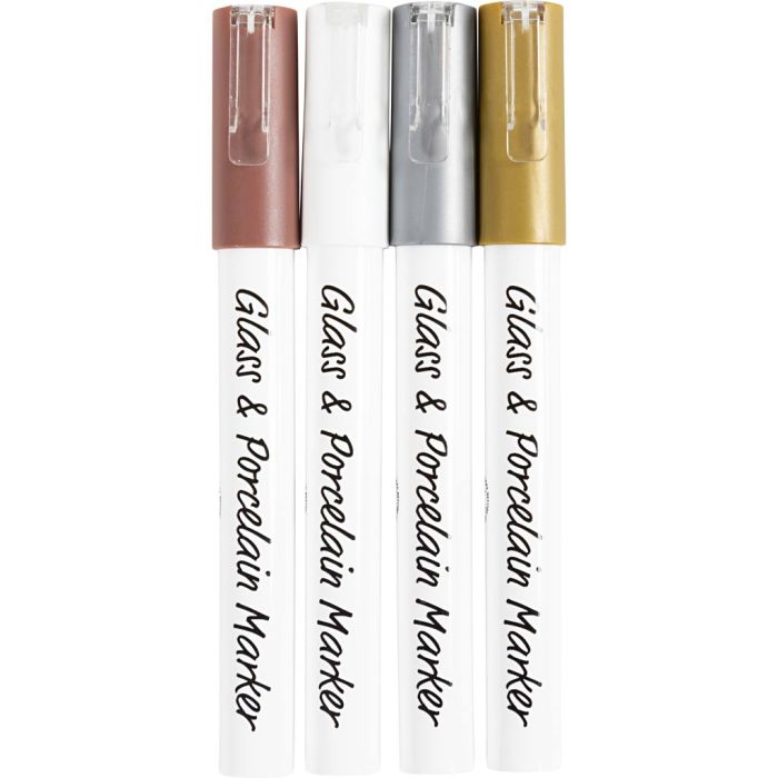 Glass & Porcelain Marker, line 1-2 mm, semi opaque, brown, gold, silver, white, 4 pc/ 1 pack