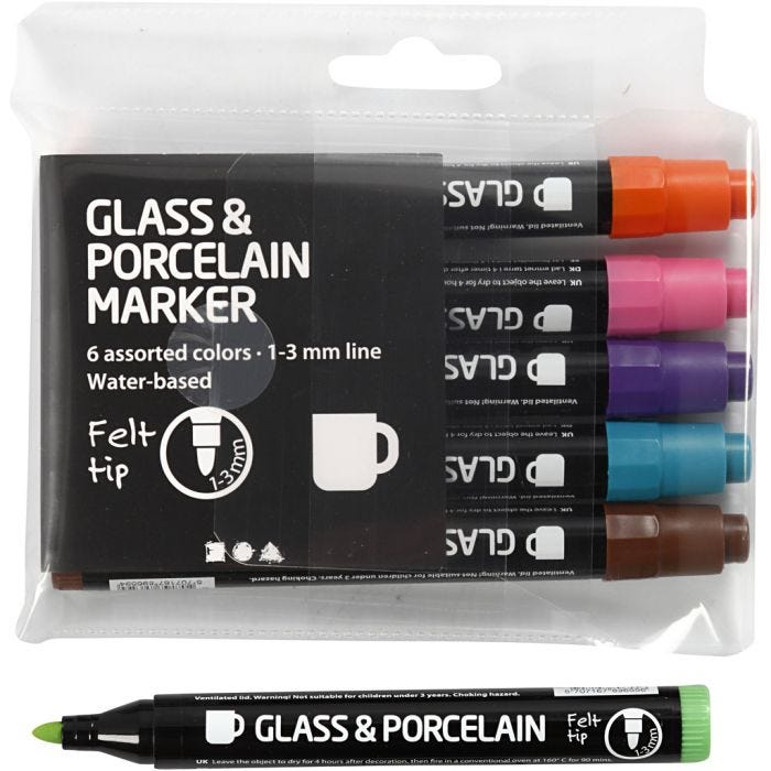 Glass and Porcelain Markers, line 1-3 mm, semi opaque, additional colours, 6pc/ 1 pack