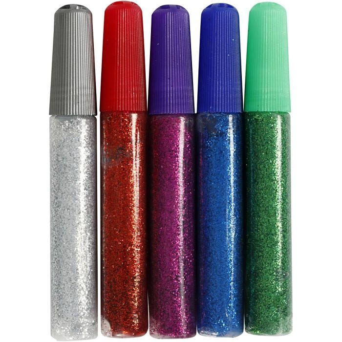 Glitter Glue, assorted colours, 5x10ml/ 1 pack