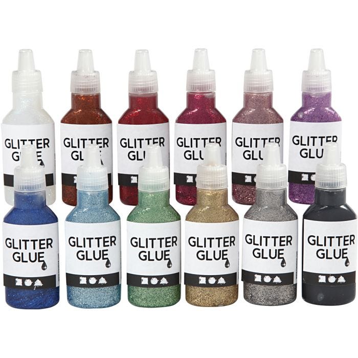 Glitter Glue, assorted colours, 12x25ml/ 1 pack