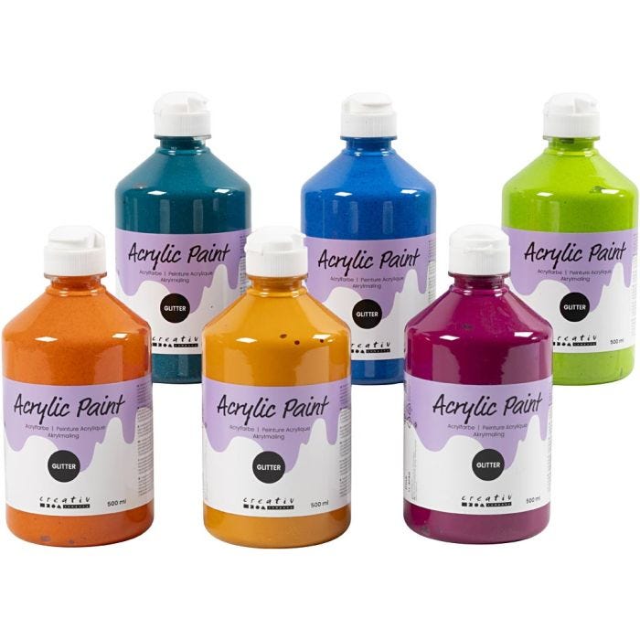 Glitter Acrylic Paint, assorted colours, 6x500 ml/ 1 pack