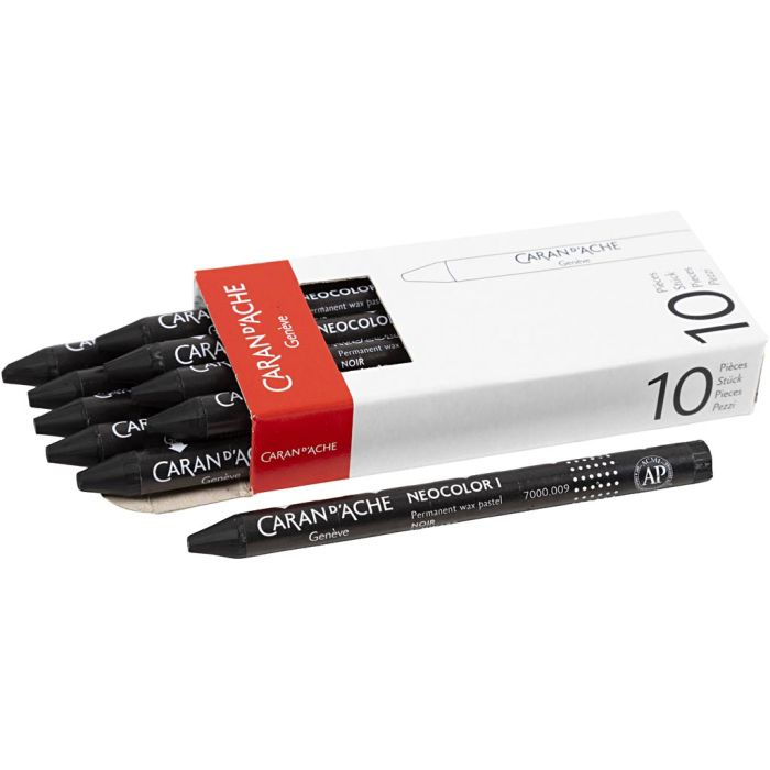 CARAN D’ACHE Neocolor I Crayons, L: 10 cm, thickness 8,5 mm, black (009), 10 pc/ 1 pack