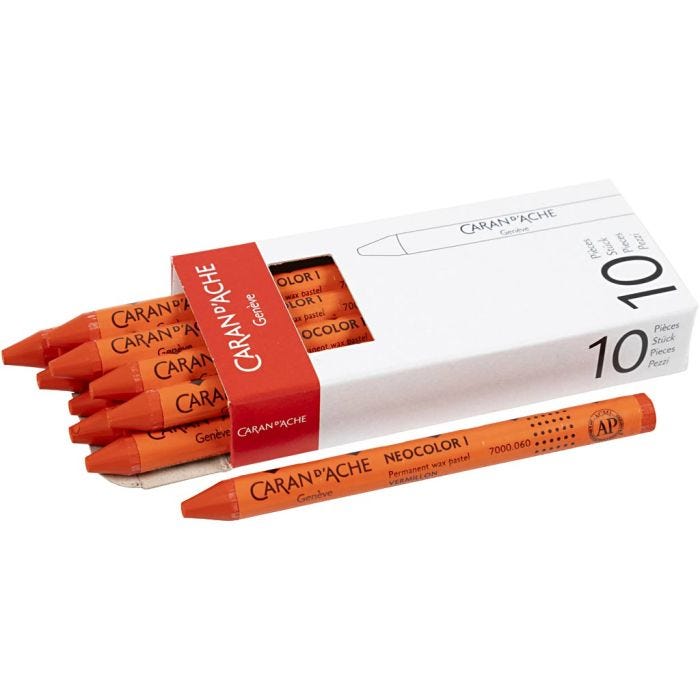 CARAN D’ACHE Neocolor I Crayons, L: 10 cm, thickness 8,5 mm, vermilion (060), 10 pc/ 1 pack