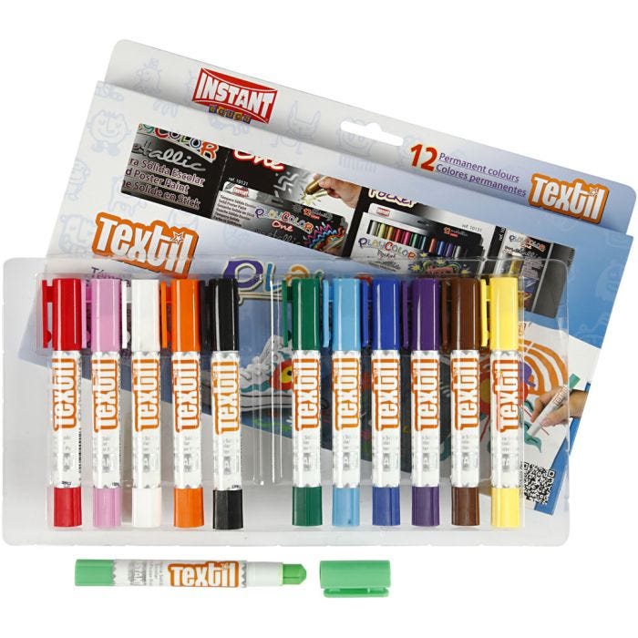 Playcolor Textile Marker, L: 14 cm, assorted colours, 5 g, 12pc/ 1 pack