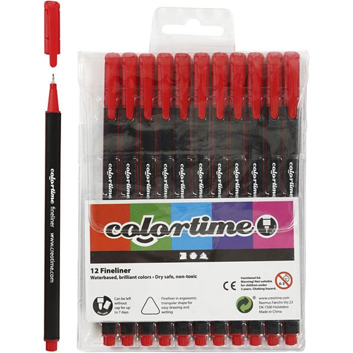 Colortime Fineliner Markers, line 0,6-0,7 mm, red, 12 pc/ 1 pack