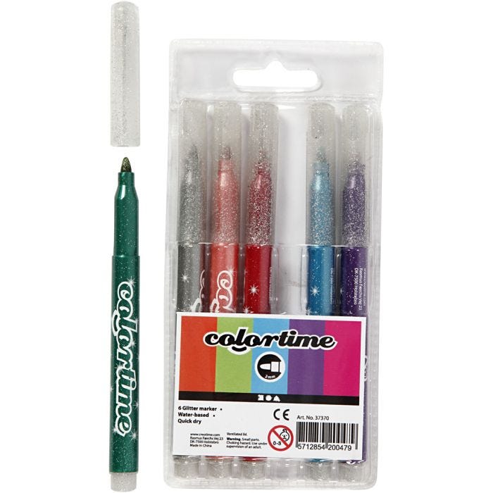 Colortime Glitter Marker, line 2 mm, assorted colours, 6 pc/ 1 pack