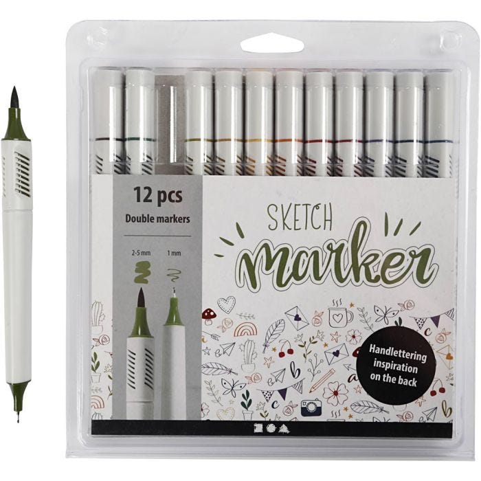 Sketch markers, line 1+2-5 mm, mute colours, 12pc/ 1 pack