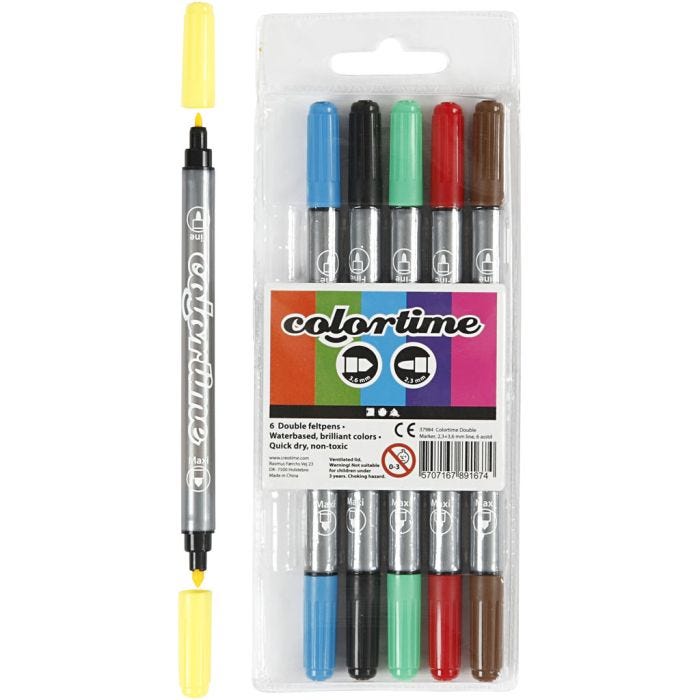 Colortime Double Marker, line 2,3+3,6 mm, standard colours, 6 pc/ 1 pack