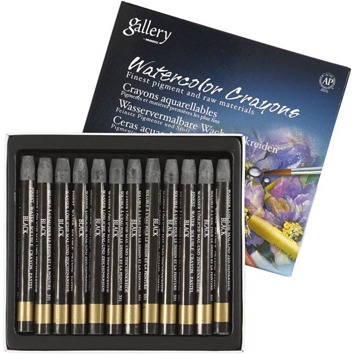 Watercolor Crayons, L: 9,3 cm, thickness 8 mm, black (331), 12 pc/ 1 pack