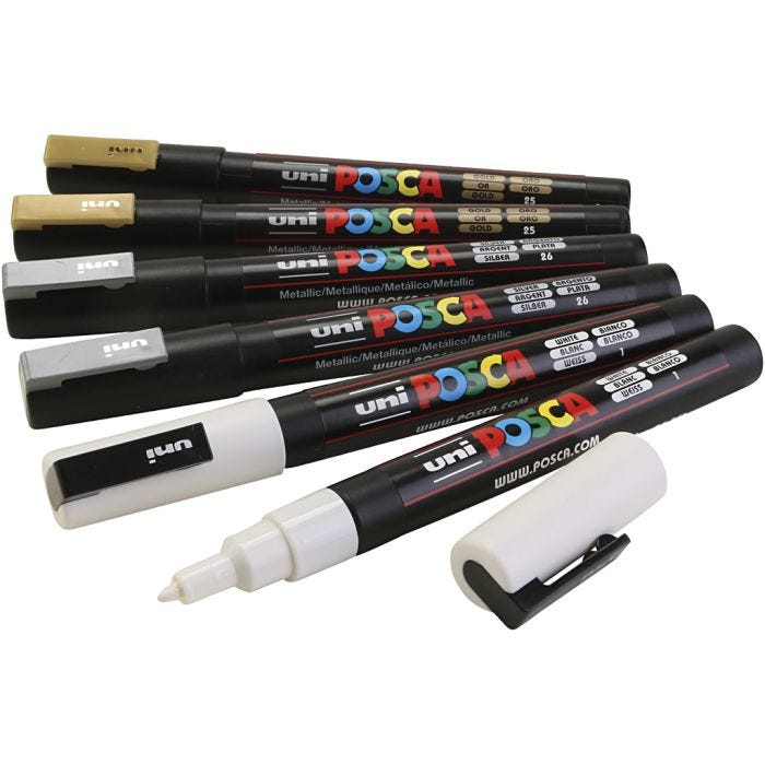 Posca Marker, no. PC-3M, line 0,9-1,3 mm, gold, silver, white, 6 asstd./ 1 pack