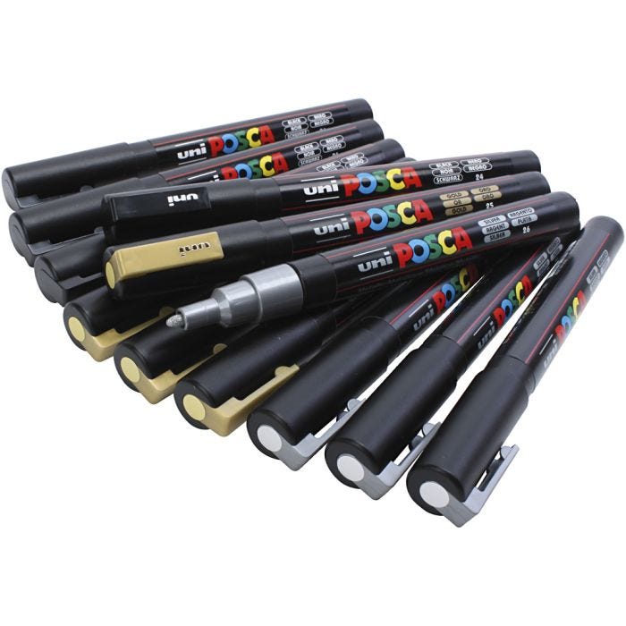 Posca Marker, no. PC-3M, line 0,9-1,3 mm, black, gold, silver, 12 asstd./ 1 pack