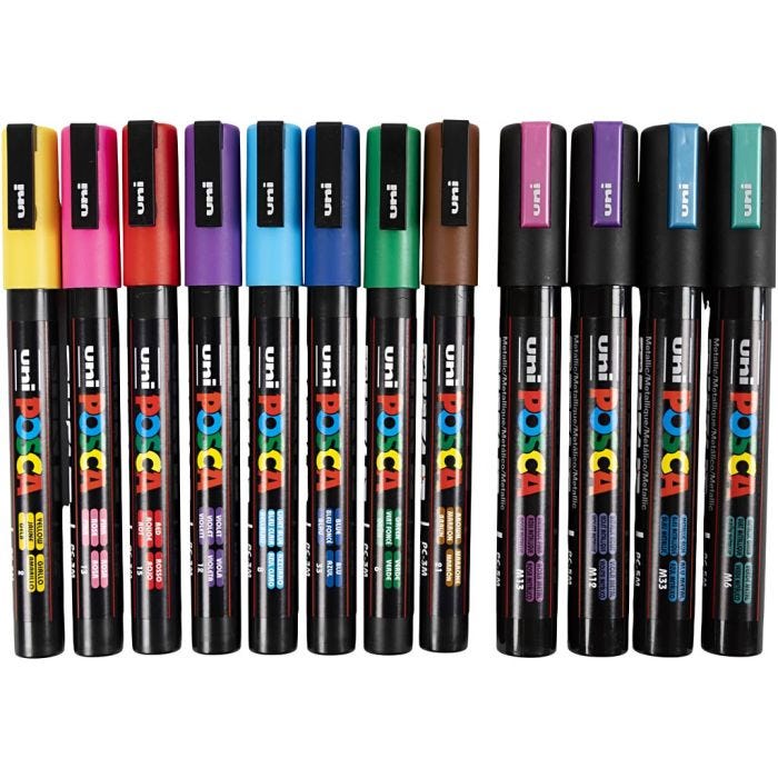 Posca Marker, no. PC-5M + PC-3M, line 0,9-1,3 + 2,5 mm, assorted colours, 12 asstd./ 1 pack