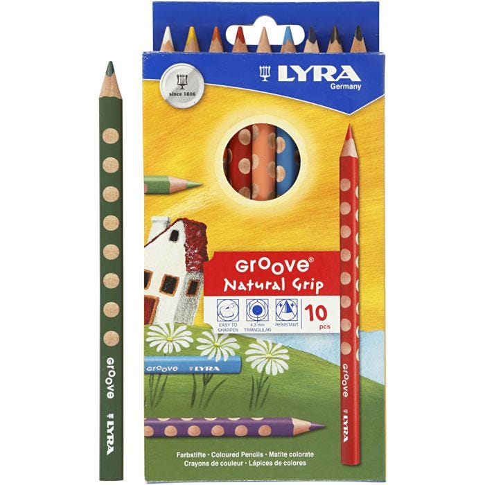 Groove Colouring Pencils, L: 18 cm, lead 4.25 mm, assorted colours, 10 pc/ 1 pack