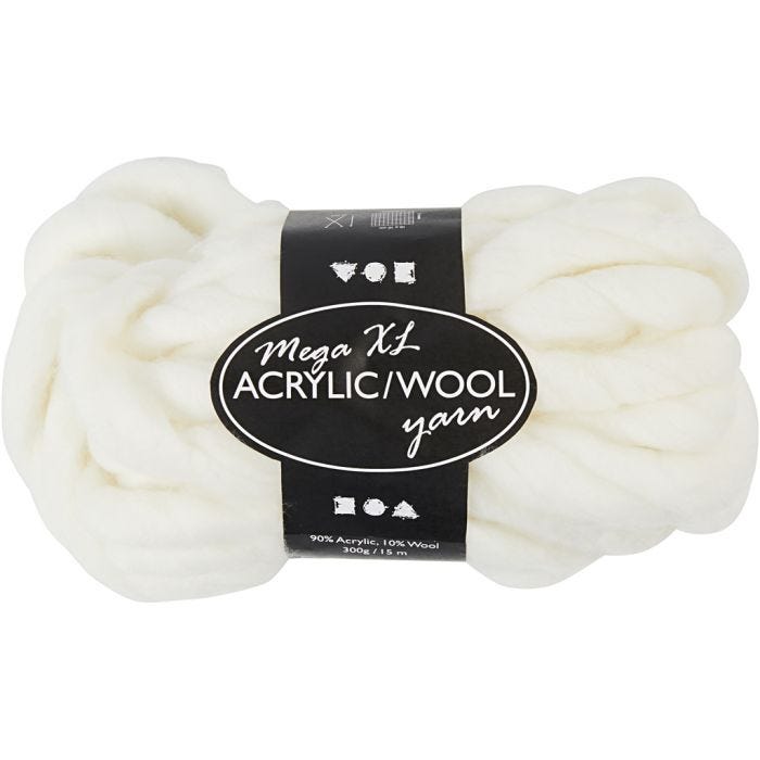 Chunky Yarn of Acrylic/Wool, L: 15 M, size mega, off-white, 300 g/ 1 ball