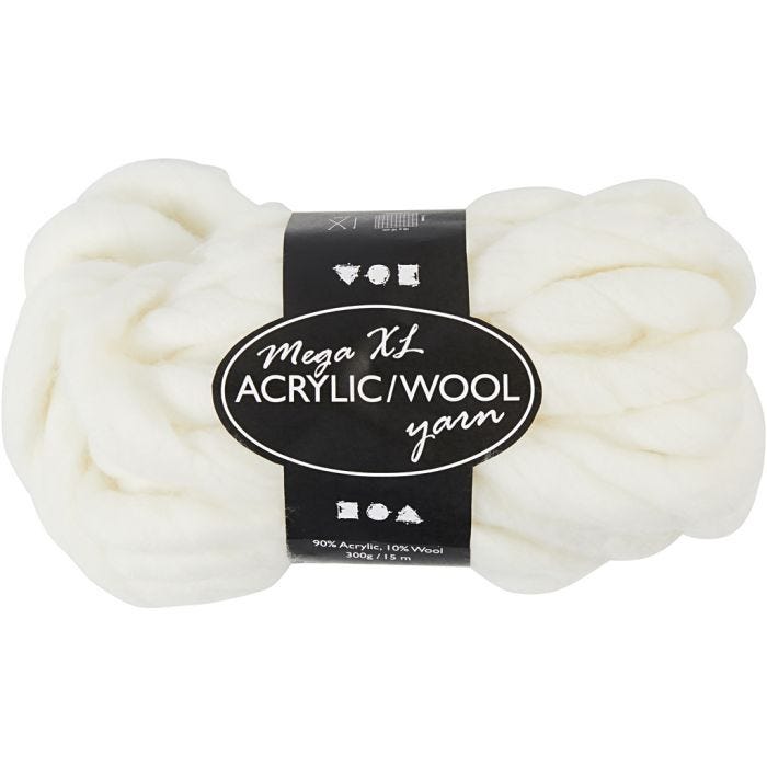 Chunky Yarn of Acrylic/Wool, L: 15 m, size mega , off-white, 300 g/ 1 ball