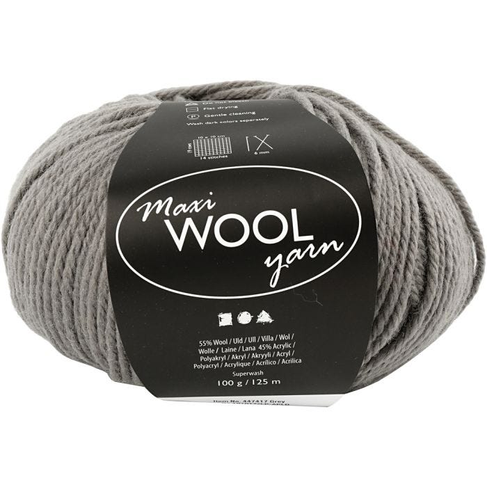 Wool Yarn, L: 125 M, grey, 100 g/ 1 ball