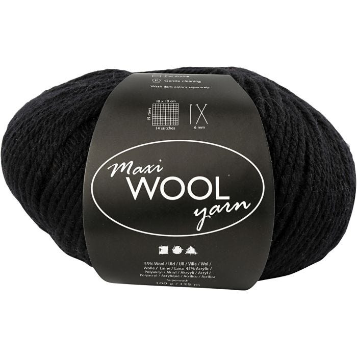 Wool Yarn, L: 125 M, black, 100 g/ 1 ball