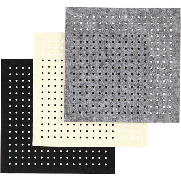 Craft Felt with Holes, size 20x20 cm, thickness 3 mm, black, grey, off-white, 3x4 sheet/ 1 pack