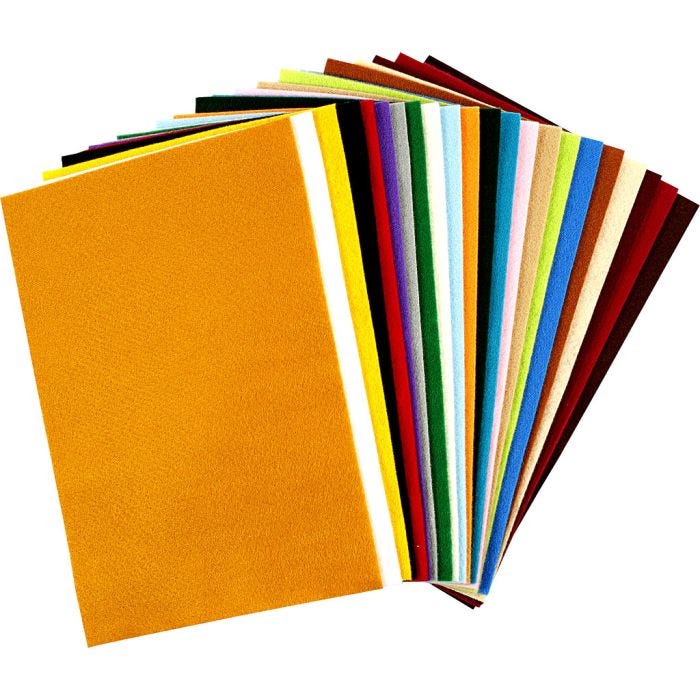 Craft felt, sheet 20x30 cm, thickness 1,5 mm, 180-200 g, assorted colours, 24 ass sheets/ 1 pack