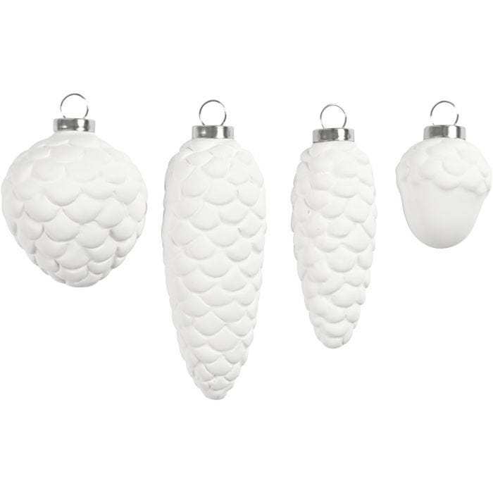 Hanging Ornaments, H: 3,5+5+6,6+8,5 cm, dia. 2,5+3+4,5 cm, white, 4 pc/ 1 pack