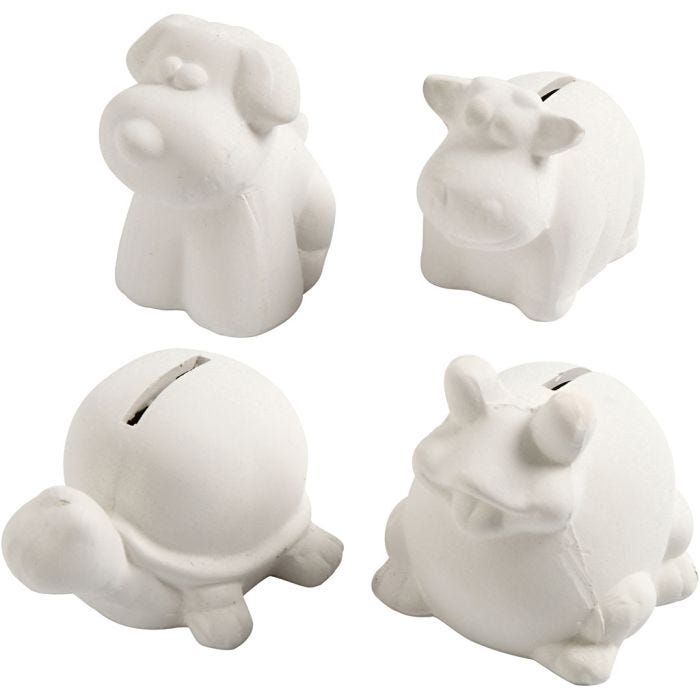 Animal Saving Banks, H: 7-10 cm, white, 4pc/ 1 pack